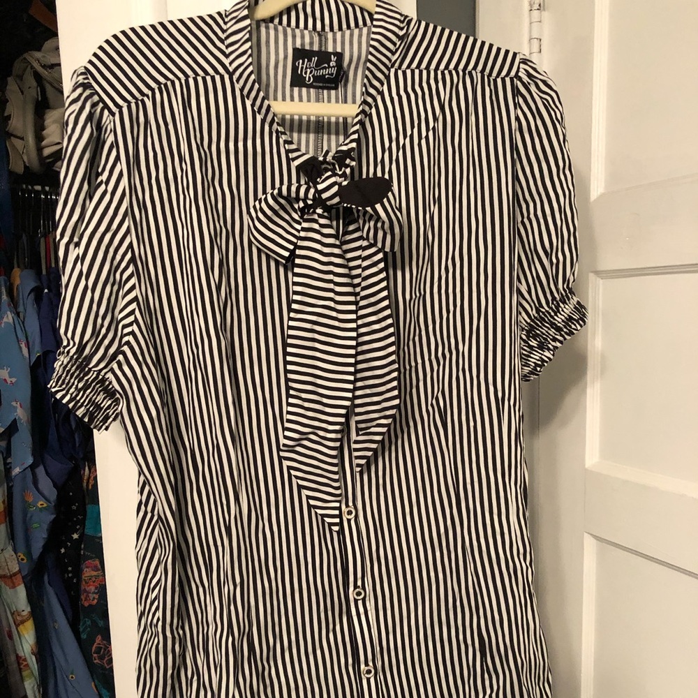HellBunny ModCloth Black White Bow Blouse